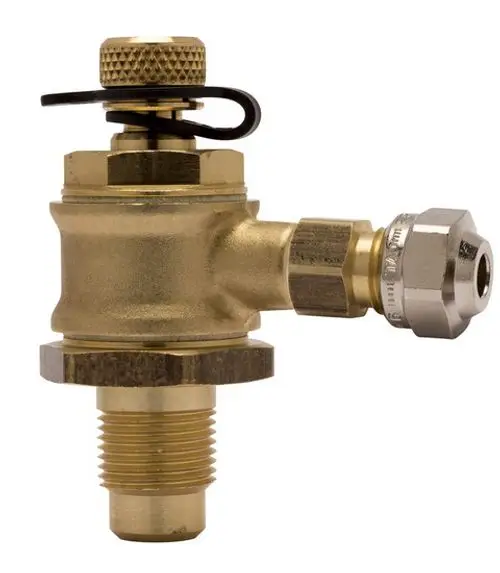 Anschlussstück aus Messing mit einem Absperrhahn und mehreren Gewindeanschlüssen, hergestellt von IMI Hydronic Engineering.